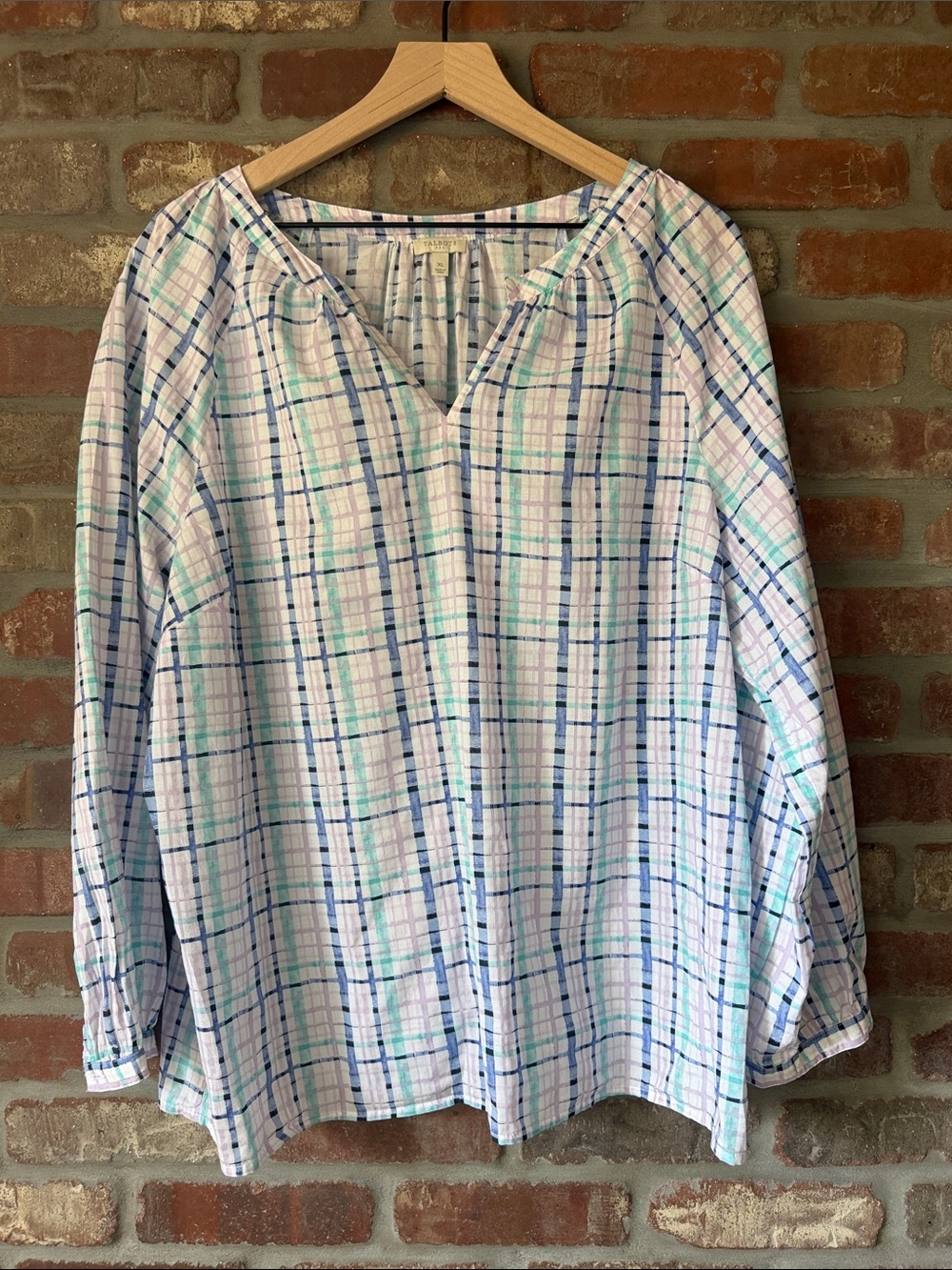 Talbots White Plaid Tunic with Light Purple, Teal & Blue Stripes